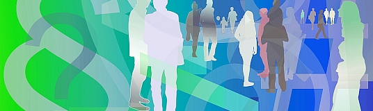 Silhouetten von Menschen vor einem Zeichen-Symbole-Hintergrund mit Paragrafen und Fragezeichen. 